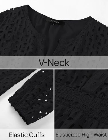 ZESICA Women's 2024 Long Sleeve Mini Dress Fall V Neck Hollow Out Eyelet Embroidery Ruffle A Line Swing Short Dresses in Saudi Arabia