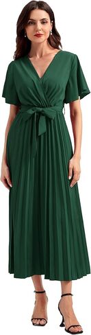 Coucoland Casual Dresses for Women - Flutter Sleeves Belt A-Line Pleated Cross V Neck Dresses Short Sleeve Formal Work in Saudi Arabia