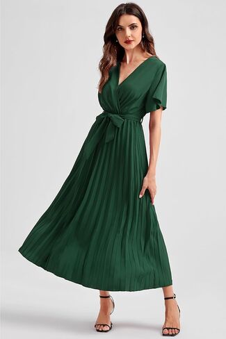 Coucoland Casual Dresses for Women - Flutter Sleeves Belt A-Line Pleated Cross V Neck Dresses Short Sleeve Formal Work in Saudi Arabia