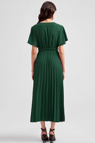 Coucoland Casual Dresses for Women - Flutter Sleeves Belt A-Line Pleated Cross V Neck Dresses Short Sleeve Formal Work in Saudi Arabia