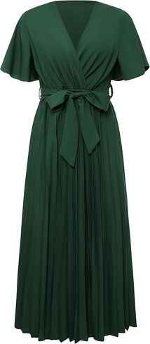 Coucoland Casual Dresses for Women - Flutter Sleeves Belt A-Line Pleated Cross V Neck Dresses Short Sleeve Formal Work in Saudi Arabia