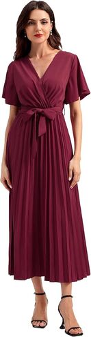 Coucoland Casual Dresses for Women - Flutter Sleeves Belt A-Line Pleated Cross V Neck Dresses Short Sleeve Formal Work in Saudi Arabia