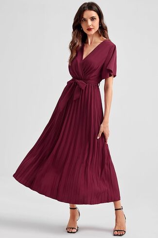 Coucoland Casual Dresses for Women - Flutter Sleeves Belt A-Line Pleated Cross V Neck Dresses Short Sleeve Formal Work in Saudi Arabia