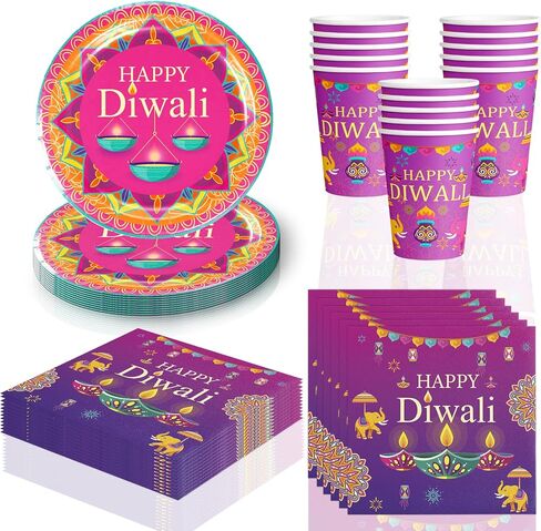 60 قطعة من لوازم حفلات الديوالي، أدوات مائدة للاستعمال مرة واحدة لحفلات الديوالي السعيدة تتضمن أطباق وأكواب ومناديل وديكورات حفلات مهرجان الأضواء الهندي (يخدم 20 شخصًا) in Kuwait