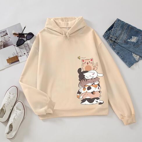 Tuislay Cute Cat Graphic Hoodies for Teen Girls Kawaii Cartoon Printed Hoodie Women Anime Print Hooded Sweatshirt Pullover in Saudi Arabia