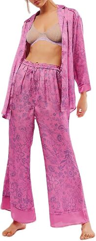 Argeousgor Women Floral Pajama Sets Silk Satin Lounge Set Long Sleeve Button Down Shirt Pants 2 piece Pjs Sleepwear in Kuwait
