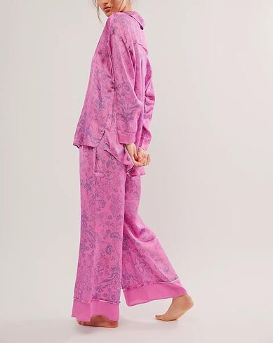 Argeousgor Women Floral Pajama Sets Silk Satin Lounge Set Long Sleeve Button Down Shirt Pants 2 piece Pjs Sleepwear in Kuwait