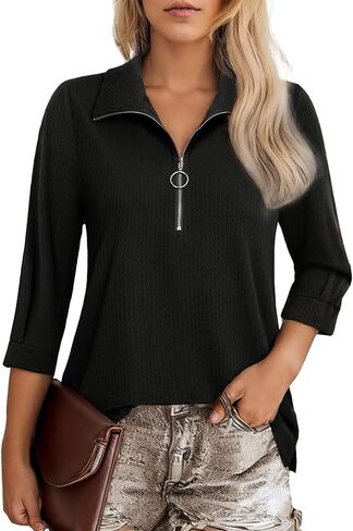 Womens 3/4 Sleeve Tops and Blouses V Neck Basic Polo Shirts Casual Dressy Solid Work Tops in Saudi Arabia
