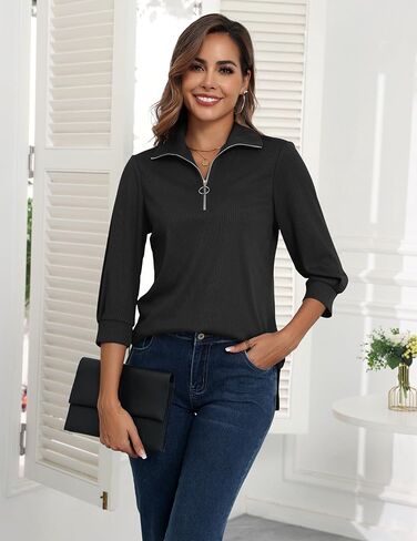 Womens 3/4 Sleeve Tops and Blouses V Neck Basic Polo Shirts Casual Dressy Solid Work Tops in Saudi Arabia