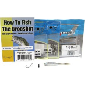 Dropshot Bass Fishing Kit - Harmony 1/8oz Tungsten Dropshot Weights (6pk) + Razor Series Dropshot Hooks (10pk) + Z-Man Trick Shotz (3.5", The Deal, 6pk) + How to Dropshot Guide