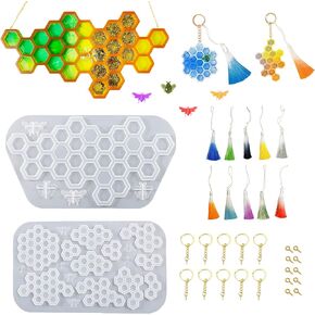 ATYUSVIC 32PCS Bee Honeycomb Resin Mold Irregular Honeycomb Tassels Keychain Epoxy Resin Silicone Mold for Casting Agate Home Decoration, Coasters, Jewelry Earrings Craft Gifts.