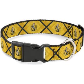Buckle-Down Dog Collar Plastic Clip Harry Potter Hufflepuff Crest Plaid Yellows Gray 11 to 16.5 Inches 1.0 Inch Wide