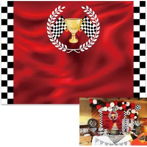 BINQOO 7x5ft Car Racing Black White Grid Backdrop Red Curtain Racing Flag Champion Car Party Photograph Background Boys Shower Adult Birthday Party Decoration