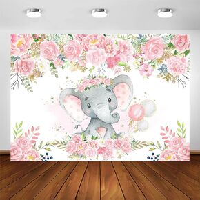 Avezano Baby Elephant Backdrop for Girl Baby Shower Blush Pink Floral Elephant Baby Shower Decorations for Girl's Photography Background Photoshoot Favors Supplies (7x5ft)