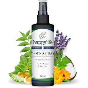 Happy Life Naturals - Pet Wound Spray - Scratch Spray - Cats & Dog Wound Care, Itch Relief Spray - Natural Ingredients w/ 6 Plant-Actives Skin Repair Spray for Pets, 4.06 fl oz