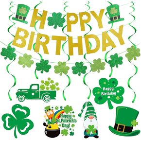 Gold Happy Birthday St Patricks Day Banner and Shamrock Garland, Happy Birthday Banner St Patricks Day Birthday Banner for Happy Saint Patricks Day Birthday Decorations