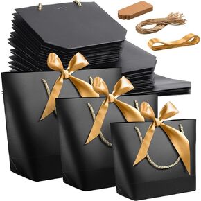 30 Sets Gift Bags with Handles 3 Sizes Party Favor Bag with Ribbon Bow Black Gift Bag with Paper Gift Tags and Ropes Black Paper Bags for Birthday Wedding Christmas Bridesmaid Holiday Valentine's Day