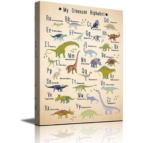 Cute Animal Dinosaur Alphabet Kid Educational Chart Boys Room Canvas Wall Art for Nursery Kids Children Play Room Wall Decor Retro Parchment paper Style Framed 12x16inch