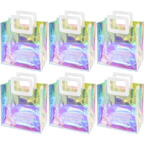 Saintrygo Holographic Iridescent Bags Small Birthday Gift Bag, 8.3 x 8 x 4 Inch Clear Reusable Gift Tote Bags PVC Wrap Bag with Handle for Valentine's Wedding Birthday Shopping Travel Party (6 Pcs)