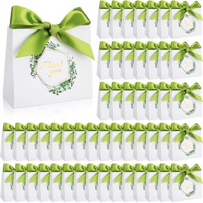 100 Pcs Small Thank You Gift Bags Mini White Gift Bags with Green Bow Ribbons 4.5 x 1.8 x 3.9 Inch Candy Boxes Paper Candy Bags Gift Wrap Bags for Wedding Birthday Bridal Shower Party Supplies
