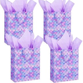 أكياس هدايا بمقياس حورية البحر مقاس 30.48 سم من U'COVER مقاس متوسط ​​مع حقيبة مناديل ورقية للفتيات والأطفال وحفلات استقبال المولود الجديد لصالح حفلات الزفاف والذكرى السنوية 4 عبوات 10 * 4 * 12 بوصة in Kuwait