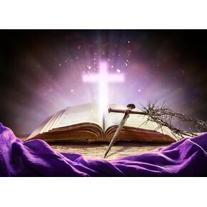 BELECO 10x8ft Fabric Holy Bible Cross Backdrop Purple Holy Light Glowing Crucifix Thorns God Belief Jesus Christ Biblical Backdrop Background Christian Church Sanctuary Decor Easter Photo Studio Props