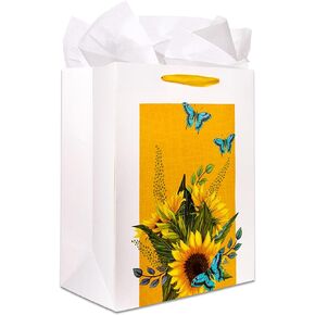 XJF 13in Large Sunflowers Watercolor Gift Bag with Tissue Paper - Multi-Occasion: Birthdays, Mothers Day, Anniversary, Baby Shower, Bridal Shower in Yellow