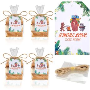 WANGDEFA 100 Pcs Smore Bags Smore Love Bags S'Mores Clear Gusseted Poly Favor Bags Woodland Smores Bag with Favor Tag for Smores Baby Shower Camping Party
