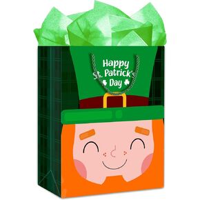 SICOHOME St Patricks Day Gift Bag 11.5"x 9" Green Buffalo Plaid Gift Bags with Tissue Paper, Happy St.Patricks Gift Wrapping Bags for Kids Classroom Party Favor Supplies