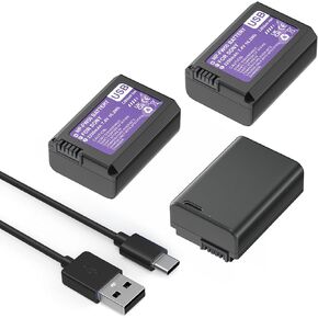 3 Pack 2250mAh NP-FW50 Battery with Type-C USB-C Fast Charging for Sony ZV-E10, Alpha A6000 A6300 A6400 A6500 A5000 A5100 A7 A7II A7R A7RII A7S A7SII RX10 II III, NEX-3, NEX-5 Camera 7.4V