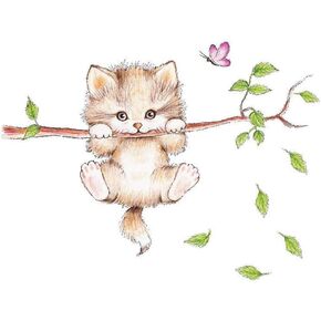 Woodland Arts Wland 28 بوصة × 22 بوصة كارتون لطيف القط على فروع شجرة جدار الشارات ملصقات الحائط ديكور الفتيات غرفة نوم صائق أطفال الحضانة ملصق الحمام غرفة اللعب in Kuwait