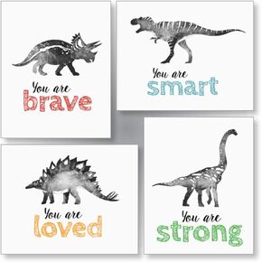 Dinosaur Wall Art for Little Boys Room, Baby Nursery Posters, Motivational Kids Playroom Dino Decor, Toddler T-Rex Positive Affirmations Quotes (8x10 Unframed Set of 4 Prints)