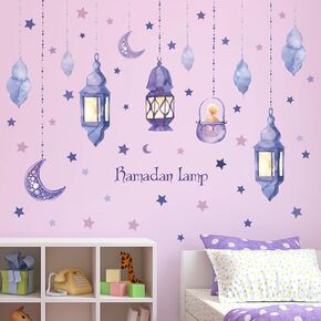 2 Sheets Dream Purple Pendant Wall Decals Flowers and Hanging Lamp Wall Sticker DIY Stars Moon for Kids Baby Girls Bedroom Classroom Offices Nursery TV Sofa Background Home Decoration (A)