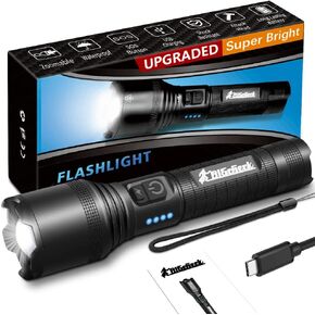 BIGCHECK Super Bright Flashlight, LED High Lumens Flashlights, Emergency Strobe USB C Rechargeable 5 Modes 4X Zoomable IP67 Waterproof Powerful Flash Lights, EDC Everyday Flashlights