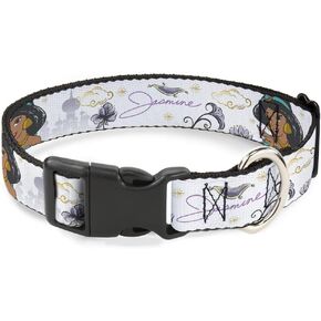Buckle-Down Dog Collar Plastic Clip Aladdin Jasmine Palace Pose with Script and Flowers White 15 to 24 Inches 1.0 Inch Wide