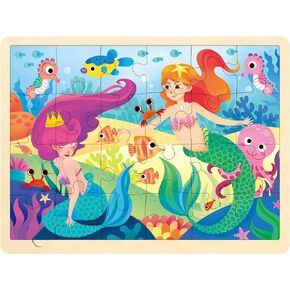 24 Piece Puzzle for 3 Year Old, Little Mermaid Wooden Jigsaw Puzzles for Kids Ages 3-5 with Unique Puzzle Pieces, Educational Toddler Puzzles Ages 2-4 with Storage Tray