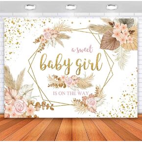 Sensfun Boho Bohemian Floral Sweet Baby Girl Backdrop 7x5ft Baby Shower Blush Pink Flower Pampas Grass Gold Dots Party Decorations Newborn Photography Background Photo Shoot Props