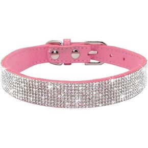 Rhinestone Dog Collar, Cute Dazzling Sparkling Soft Suede Leather Adjustable Pet Dog Cat Collar Crystal Diamond for Puppy Small Medium Large Dogs (XXS:15 - 21 cm, Pink)
