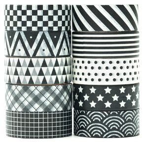 Basic Washi Tape Set 10 Rolls Black White Decorative Dot & Grid Masking Tapes for Journals, Planners, Scrapbooking, Gift Wrapping, DIY Crafts