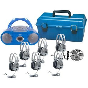 Hamilton Buhl 6 Person Listening Center with Bluetooth CD/Cassette/FM Boombox and Deluxe Over-Ear Headphones