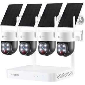 XMARTO 100% Wire-Free Solar PTZ Home Security Camera System Wireless, 4-Set 2K 4MP QHD CCTV Camera Kit with 4K 10CH Expandable WiFi NVR and Past 90-Day Video Storage, All-Weather Solar Charge