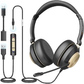 Wantek سماعة رأس USB مع ميكروفون، Type-c/USB/3.5 ملم جاك سماعة رأس 3 في 1 للكمبيوتر الشخصي، سلكية وإلغاء الضوضاء والتحكم في مستوى الصوت لمراكز الاتصال، Skype، Zoom، المكتب المنزلي، الدورات عبر الإنترنت
