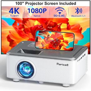5G WIFI Bluetooth Projector with Screen, 15000L Native 1080P Full HD Outdoor Projector, Pericat Home Theater Movie Projector, 15W HIFI Speaker Video Projector Compatible with TV Stick/ Phone/PC/Xbox