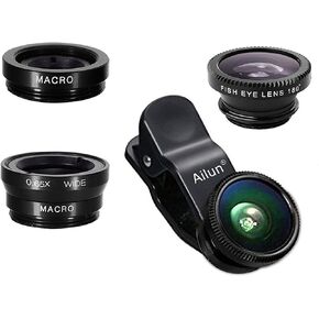 Phone Lens,by Ailun,3 in 1 Clip On 180 Degree Fish Eye Lens+0.65X Wide Angle+10X Macro Lens,Universal HD Camera Lens Kit for Mobile Phone,Cellphone,Smart Phone
