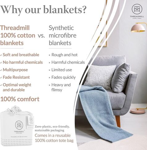 بطانيات قطنية فاخرة من Threadmill لسرير بحجم كينج | بطانية مقاس كينج مريحة من القطن بنسبة 100% لجميع المواسم | بطانية حرارية خريفية ناعمة وخفيفة الوزن تناسب سرير كال كينج | فولكستون بلو in Kuwait