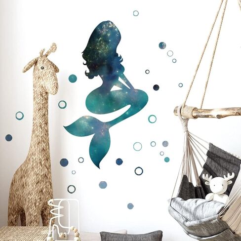 Starry Sky Mermaid Wall Decals Big Mermaid Wall Stickers Peel and Stick DIY Removable Mermaid Green Bubbles Vinyl Wall Art Decor for Kids Baby Bedroom Nursery Bathroom Door Stickers DT-1912 in Saudi Arabia