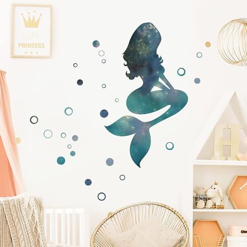Starry Sky Mermaid Wall Decals Big Mermaid Wall Stickers Peel and Stick DIY Removable Mermaid Green Bubbles Vinyl Wall Art Decor for Kids Baby Bedroom Nursery Bathroom Door Stickers DT-1912 in Saudi Arabia