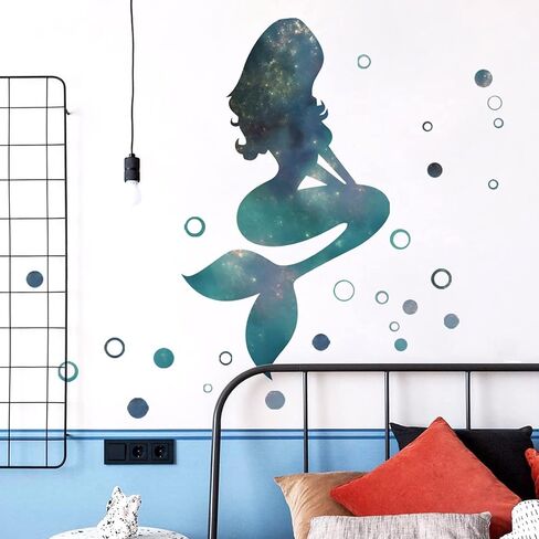 Starry Sky Mermaid Wall Decals Big Mermaid Wall Stickers Peel and Stick DIY Removable Mermaid Green Bubbles Vinyl Wall Art Decor for Kids Baby Bedroom Nursery Bathroom Door Stickers DT-1912 in Saudi Arabia