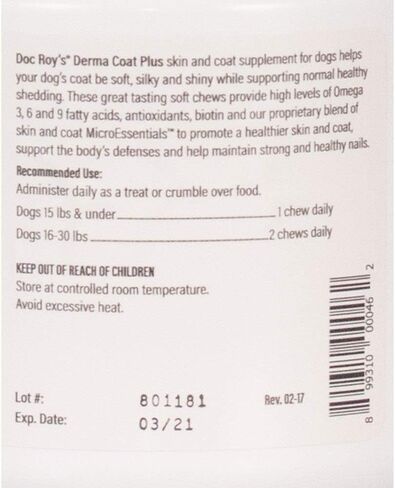 إحياء صحة الحيوان Doc Roy's Derma Coat Plus مكمل للبشرة والمعطف للكلاب المتوسطة والكبيرة - 60 قطعة للمضغ in Kuwait