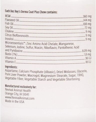 إحياء صحة الحيوان Doc Roy's Derma Coat Plus مكمل للبشرة والمعطف للكلاب المتوسطة والكبيرة - 60 قطعة للمضغ in Kuwait